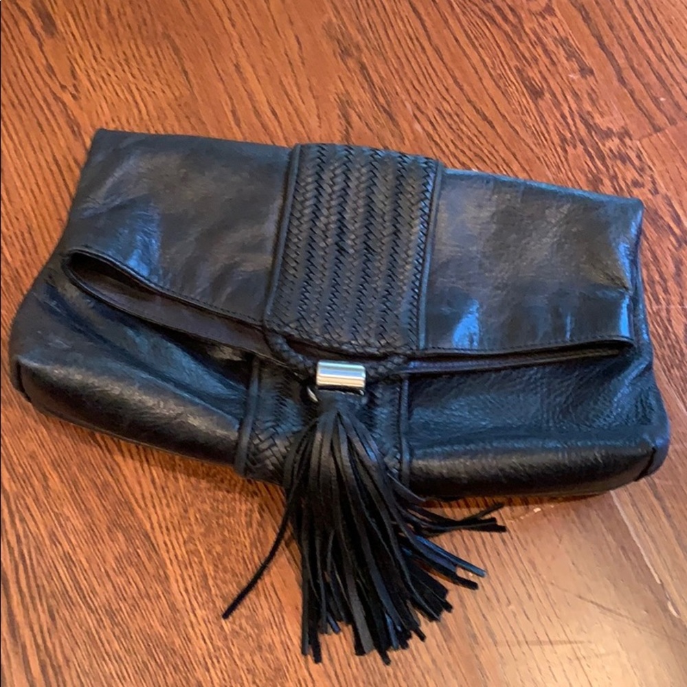 Romy Gold clutch - black leather w tassel & duster